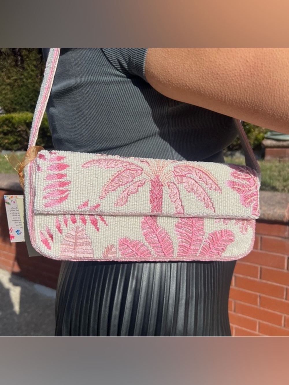 Beaded Palm Leaf Shoulder Bag in Pink and Ivory